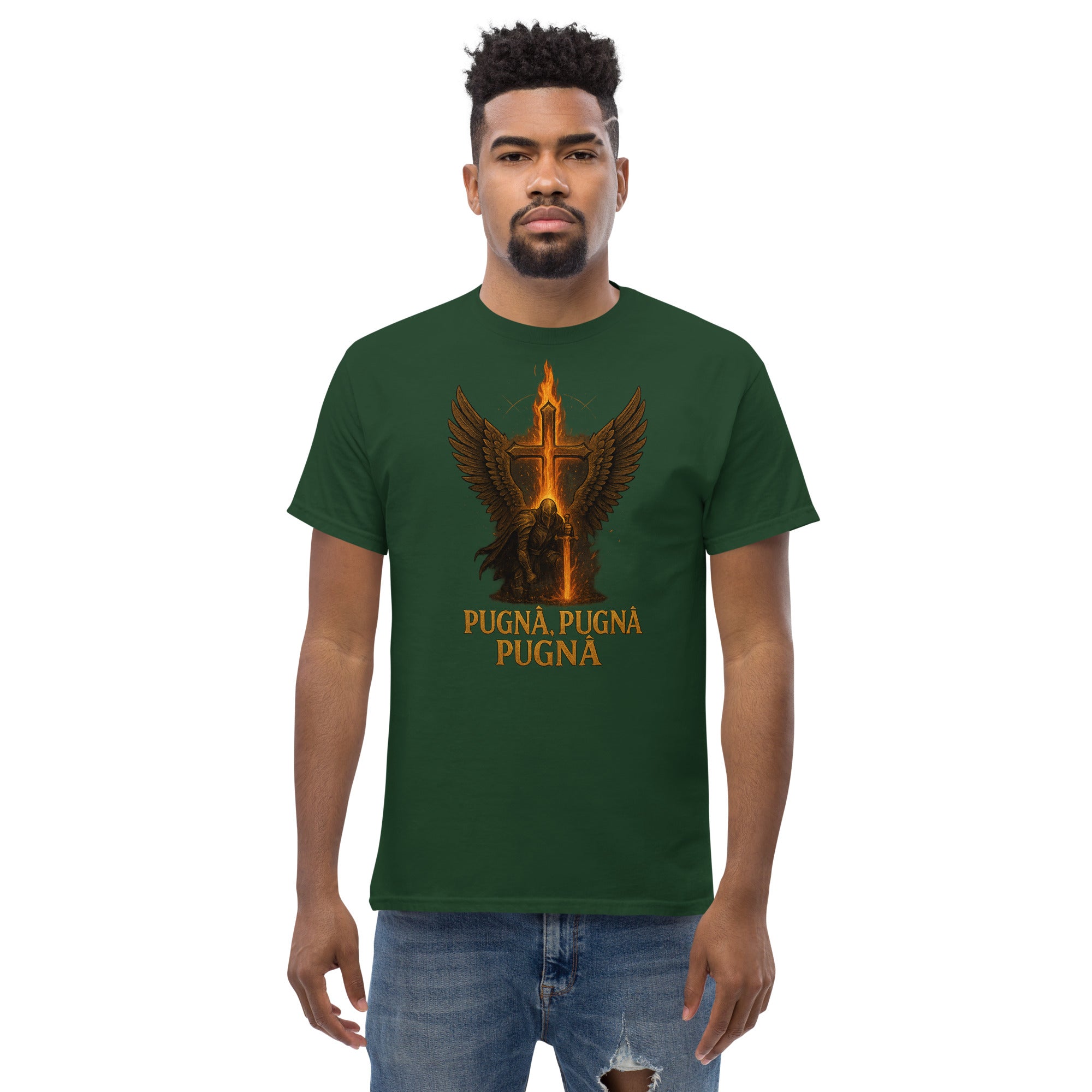 Man wearing a green t-shirt with an eagle design and 'PUGNA' text on a white background