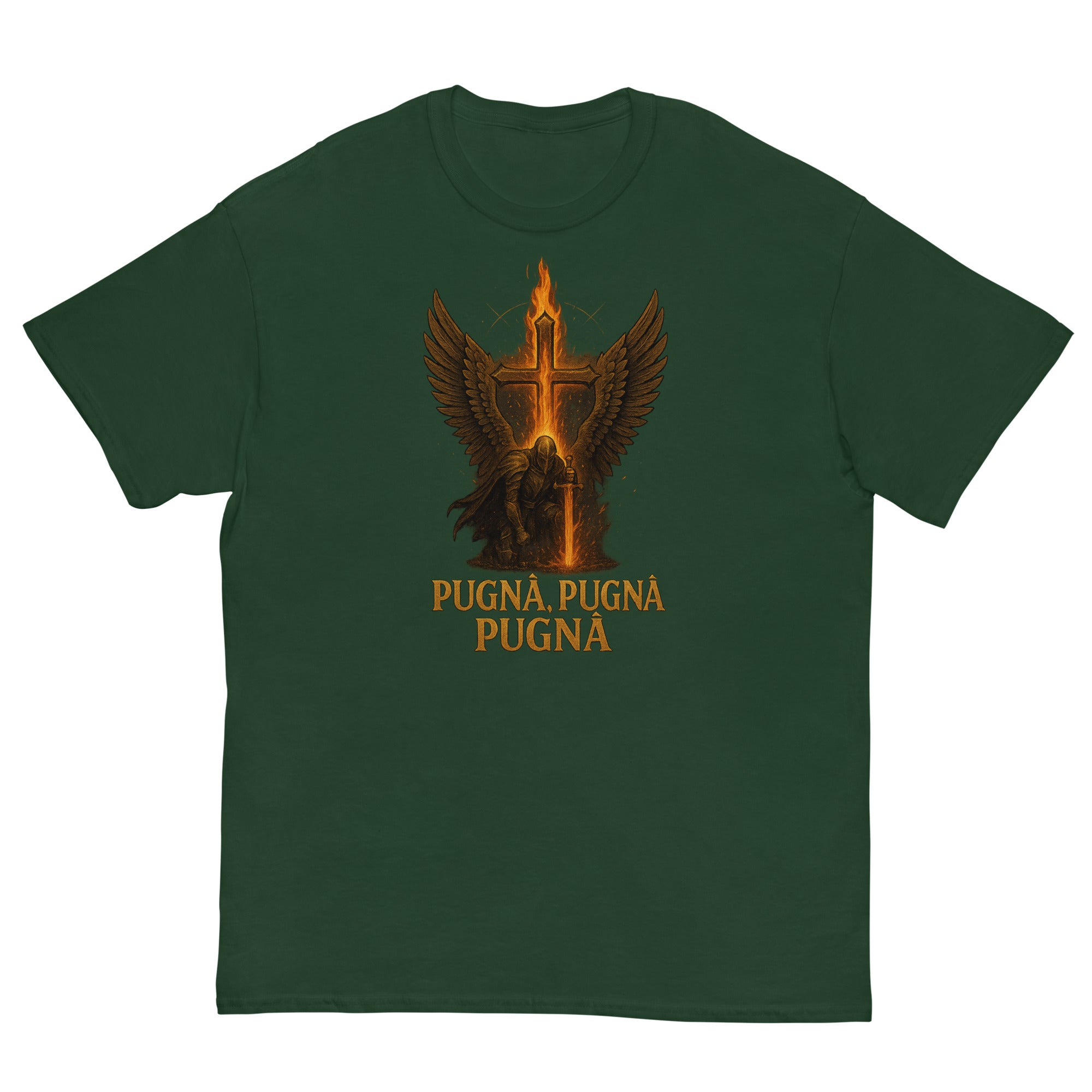 Green t-shirt with a central graphic design featuring an eagle and cross, with 'PUGNA' text, on a white background.