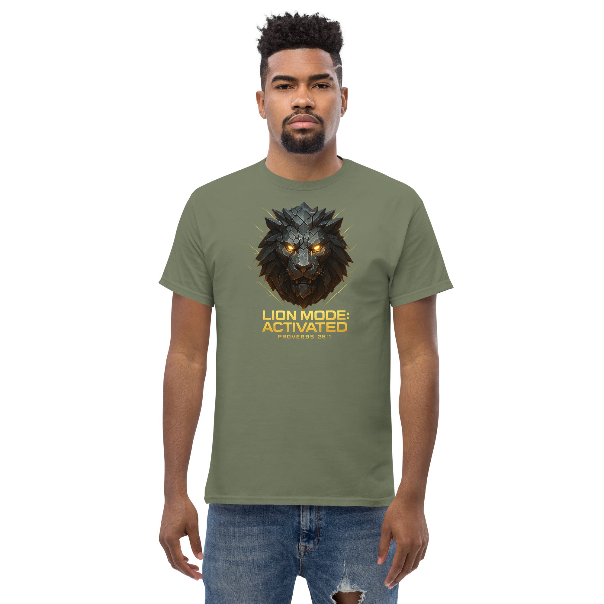 Man wearing a green t-shirt with a lion graphic and text on a white background