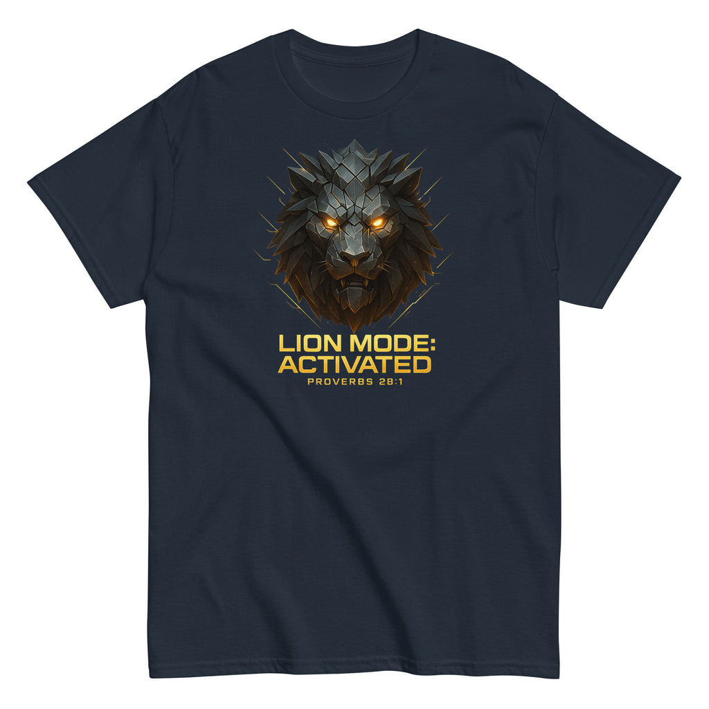 Navy blue t-shirt with a lion graphic and text on a white background