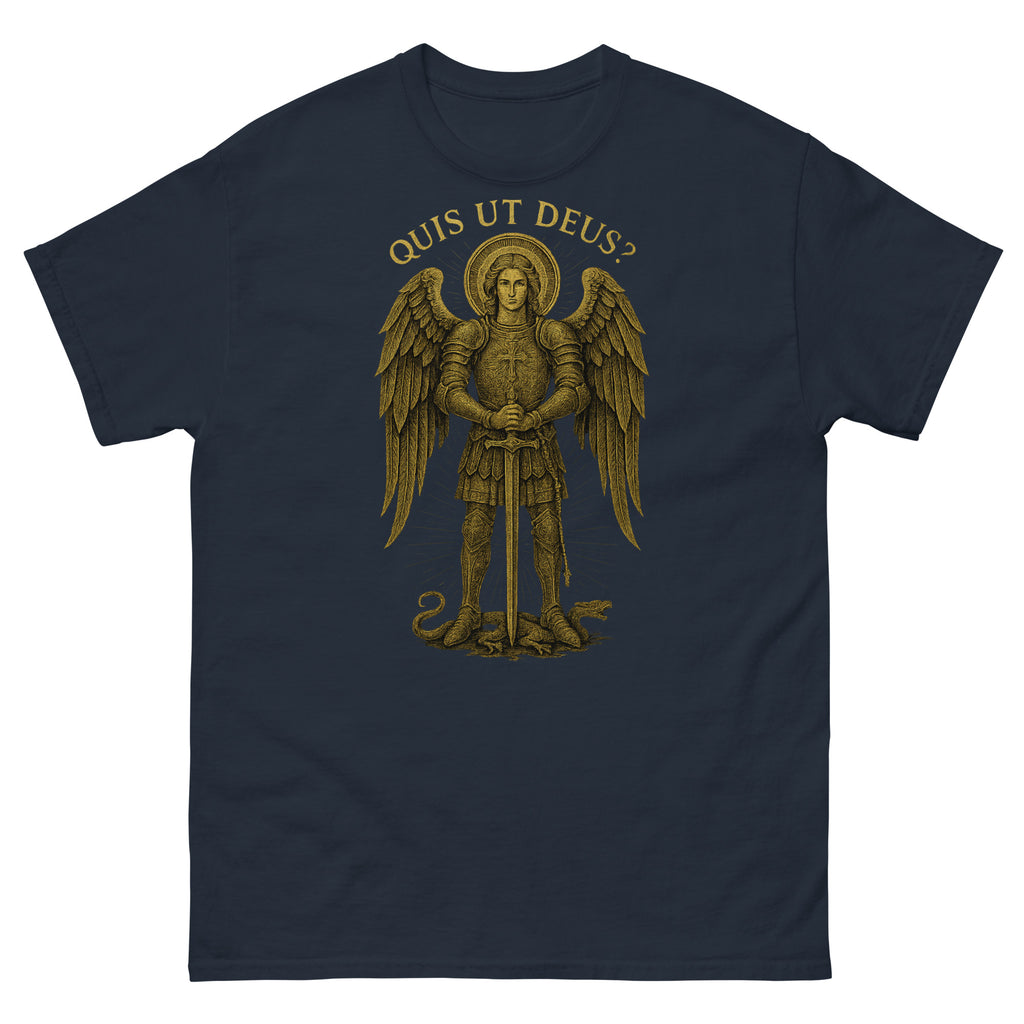 Navy blue t-shirt with gold angel graphic and 'Quis ut Deus?' text on a white background