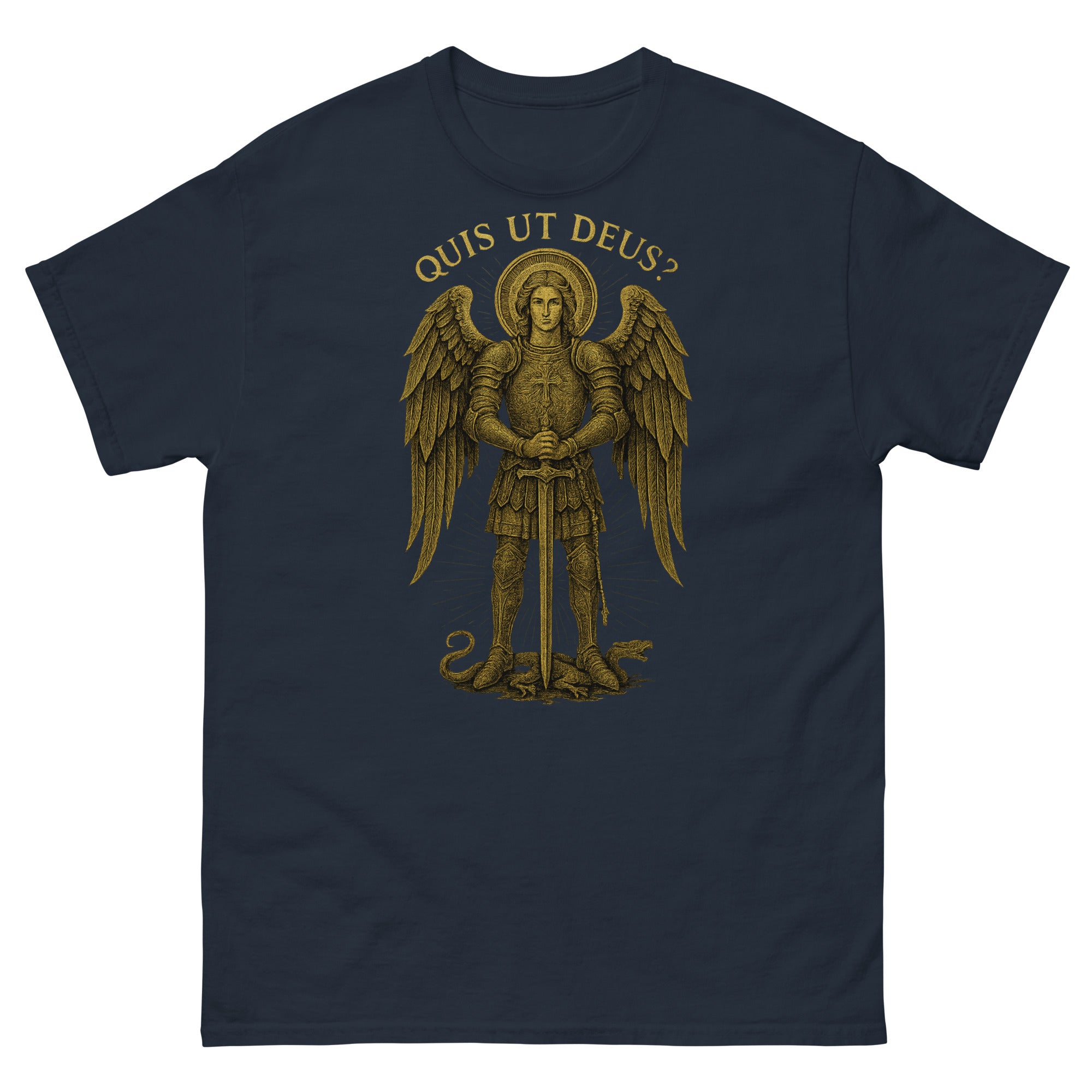 Navy blue t-shirt with gold angel graphic and 'Quis ut Deus?' text on a white background