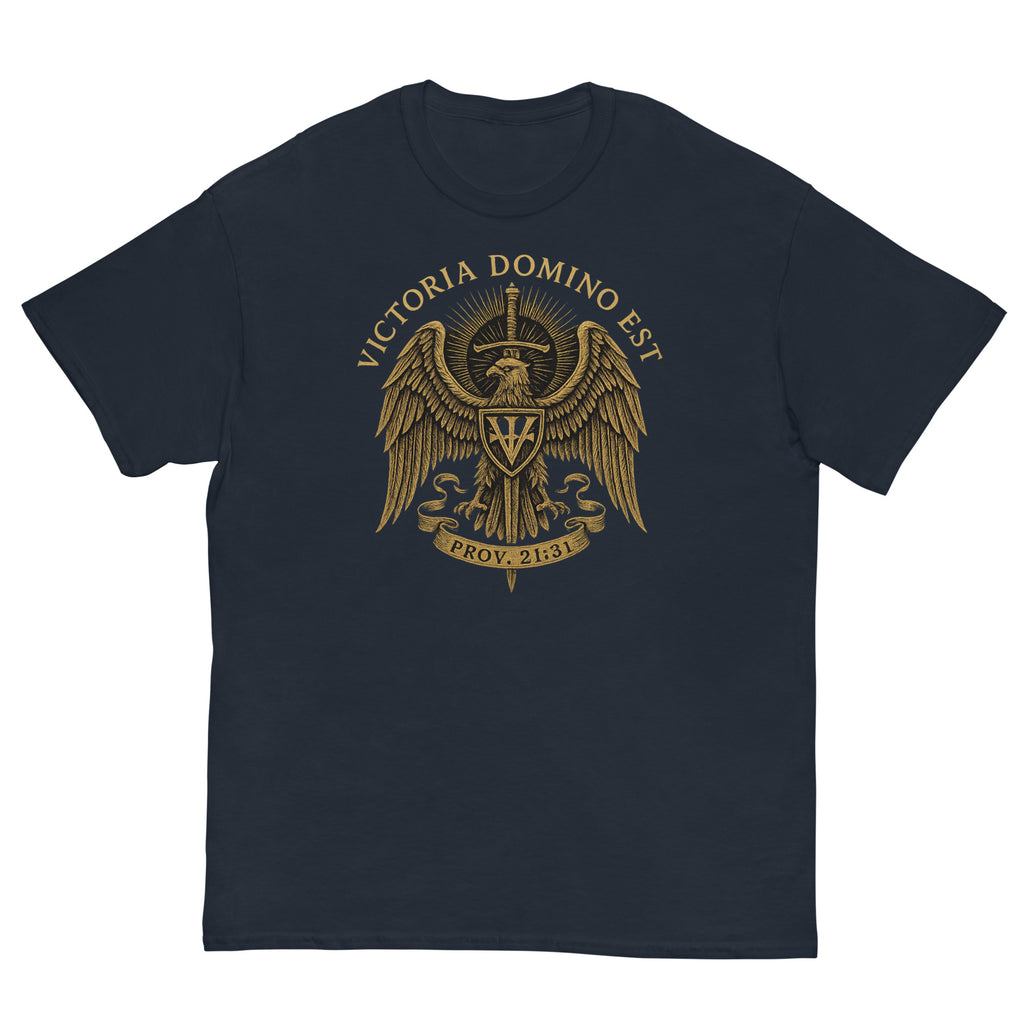 Navy blue t-shirt with gold eagle emblem and text on a white background