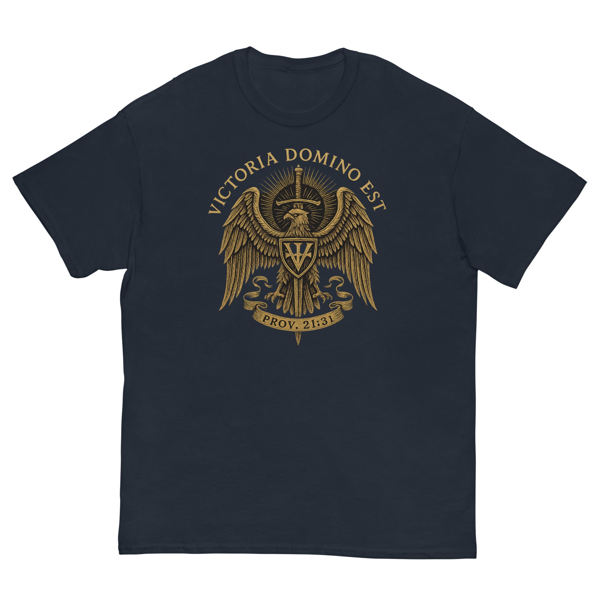 Navy blue t-shirt with gold eagle emblem and text on a white background