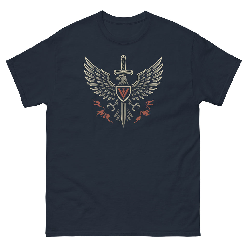 Navy blue t-shirt with a central emblem featuring a sword and wings on a white background