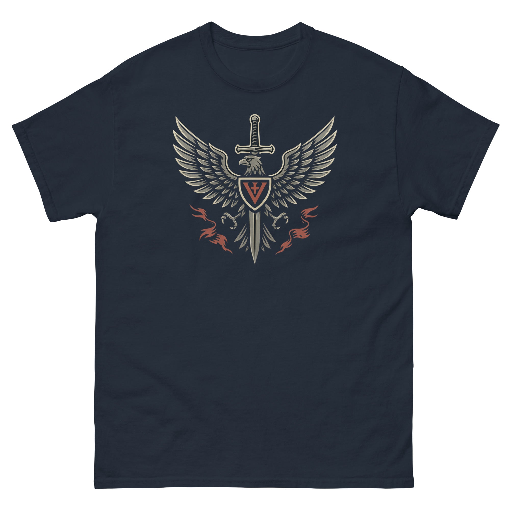 Navy blue t-shirt with a central emblem featuring a sword and wings on a white background