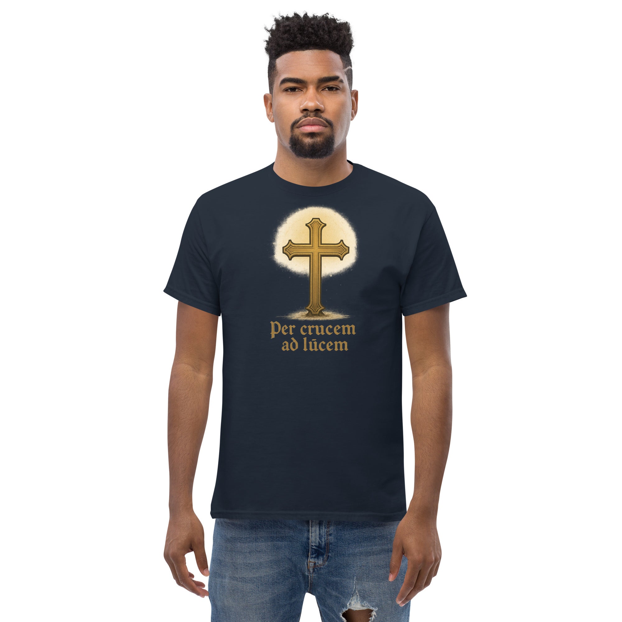 Man wearing a black t-shirt with a gold cross design and text on a white background