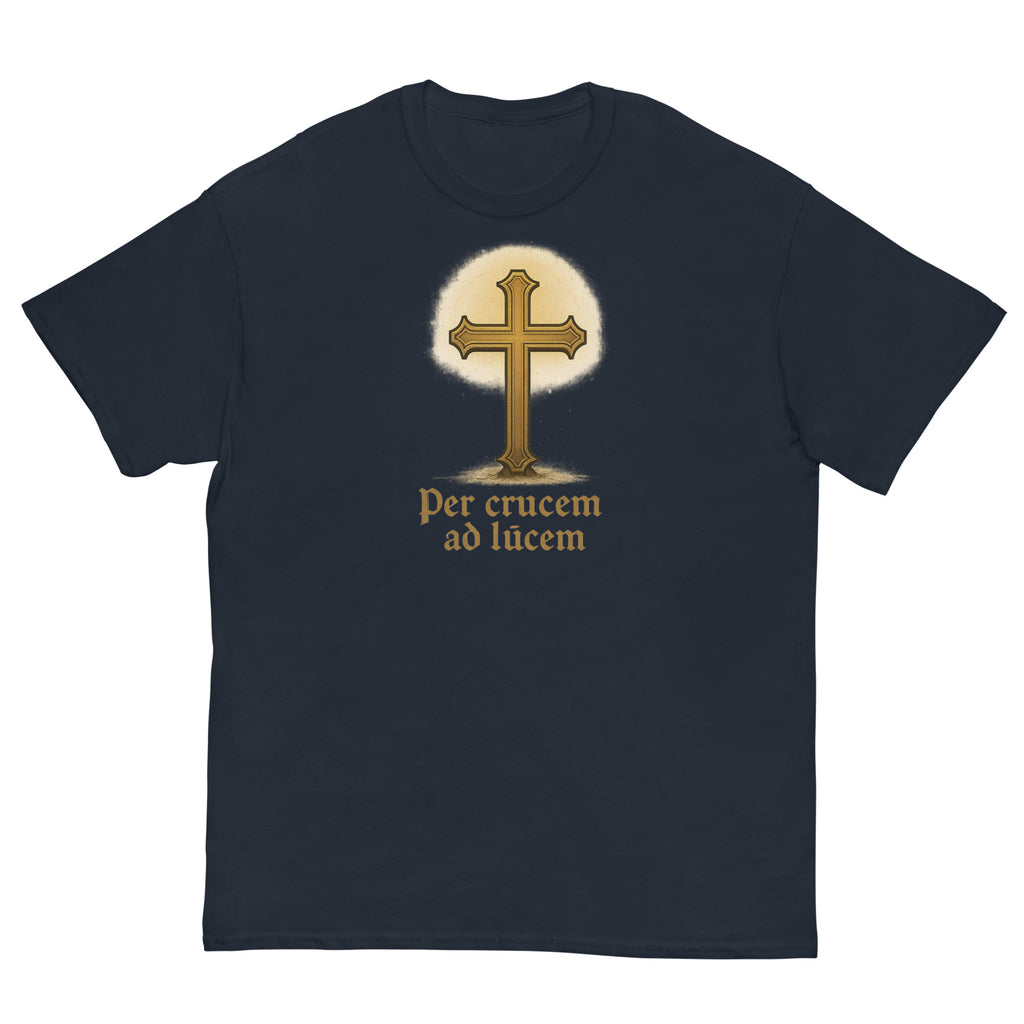 Navy blue t-shirt with a gold cross design and text on a white background