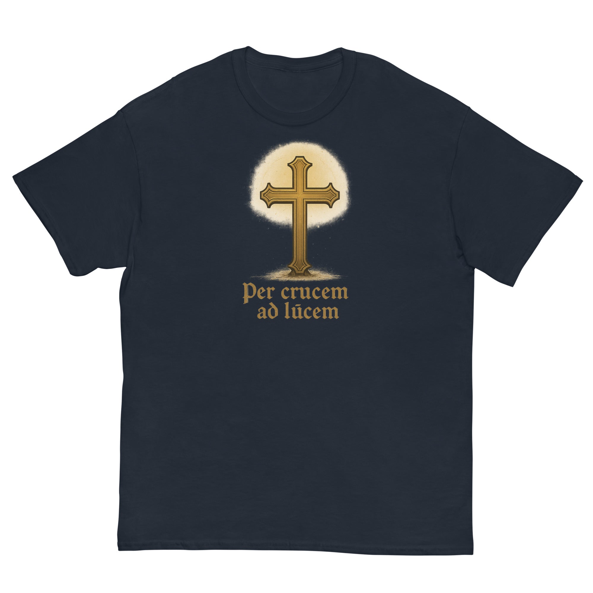 Navy blue t-shirt with a gold cross design and text on a white background