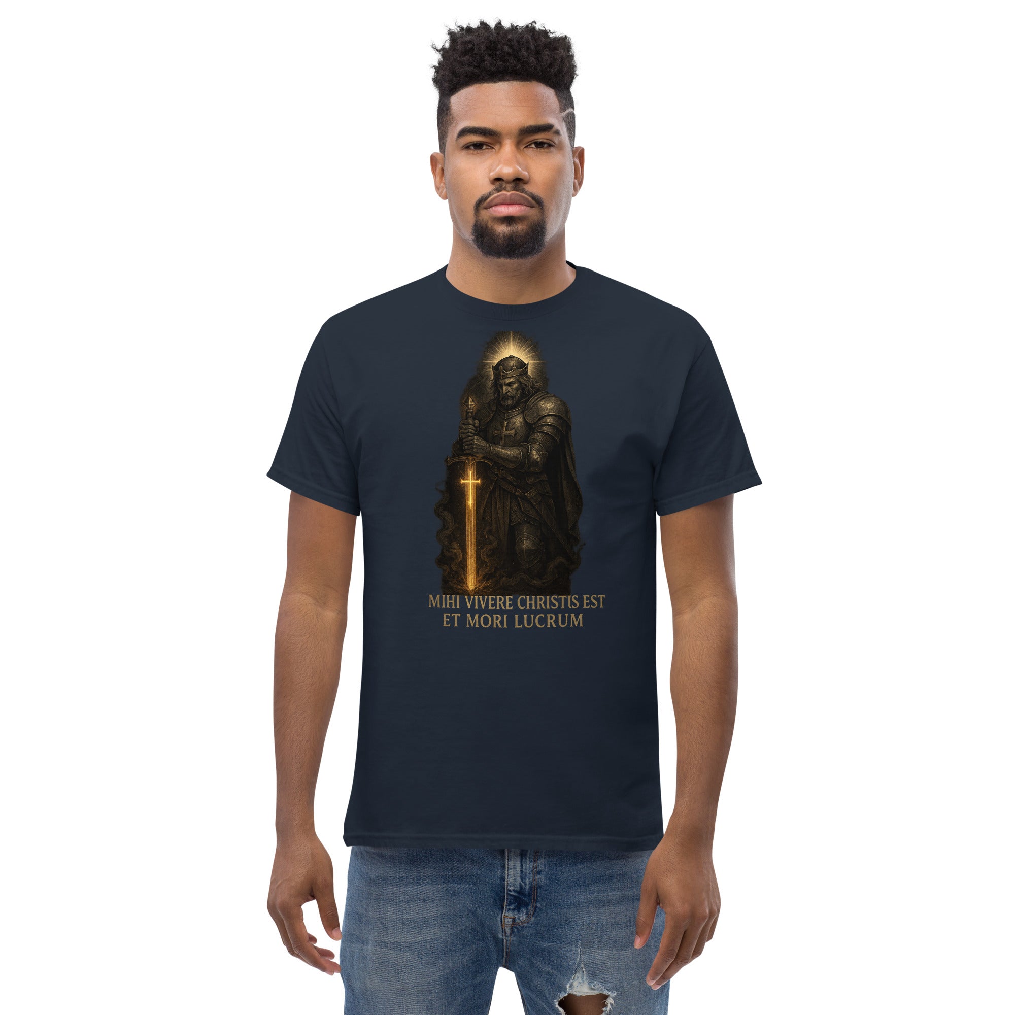 Man wearing a black t-shirt with a graphic design and text on a white background