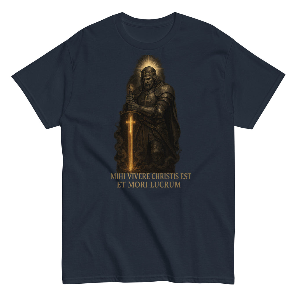 Navy blue t-shirt with a warrior holding a cross and Latin text on a white background