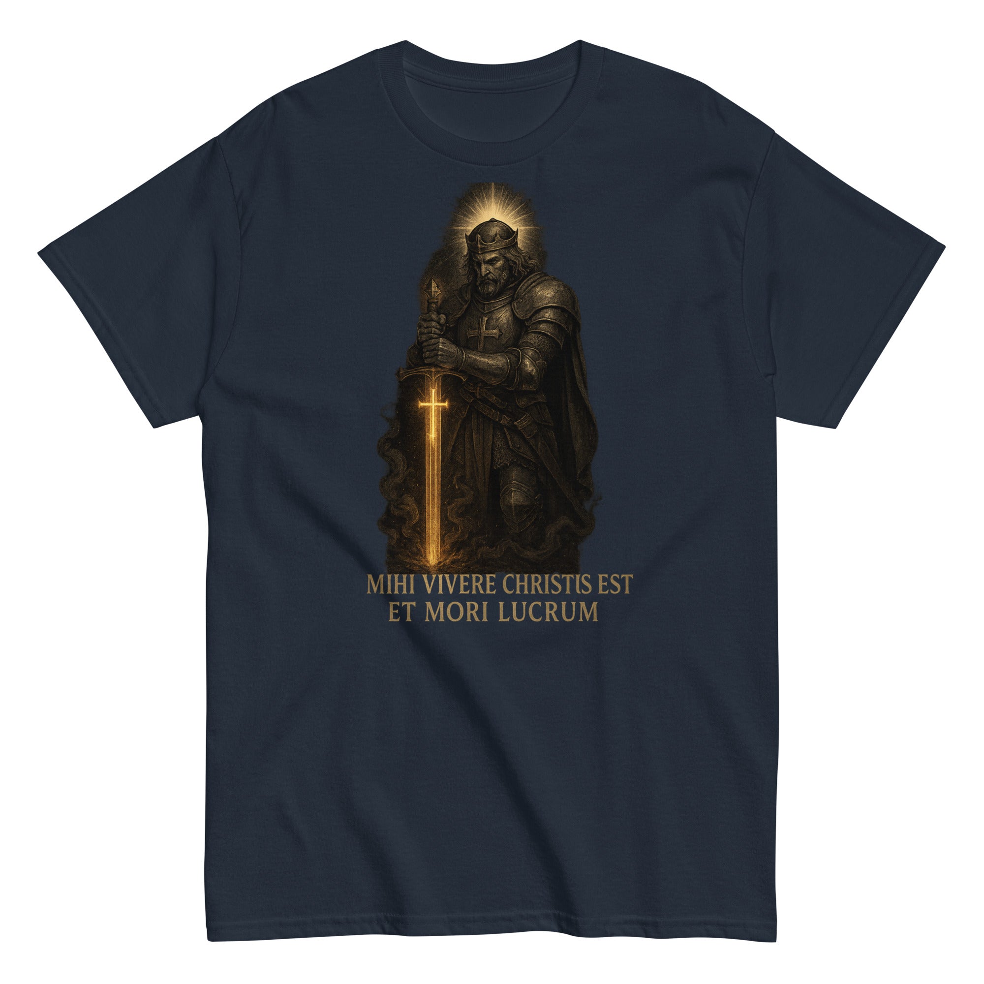 Navy blue t-shirt with a warrior holding a cross and Latin text on a white background