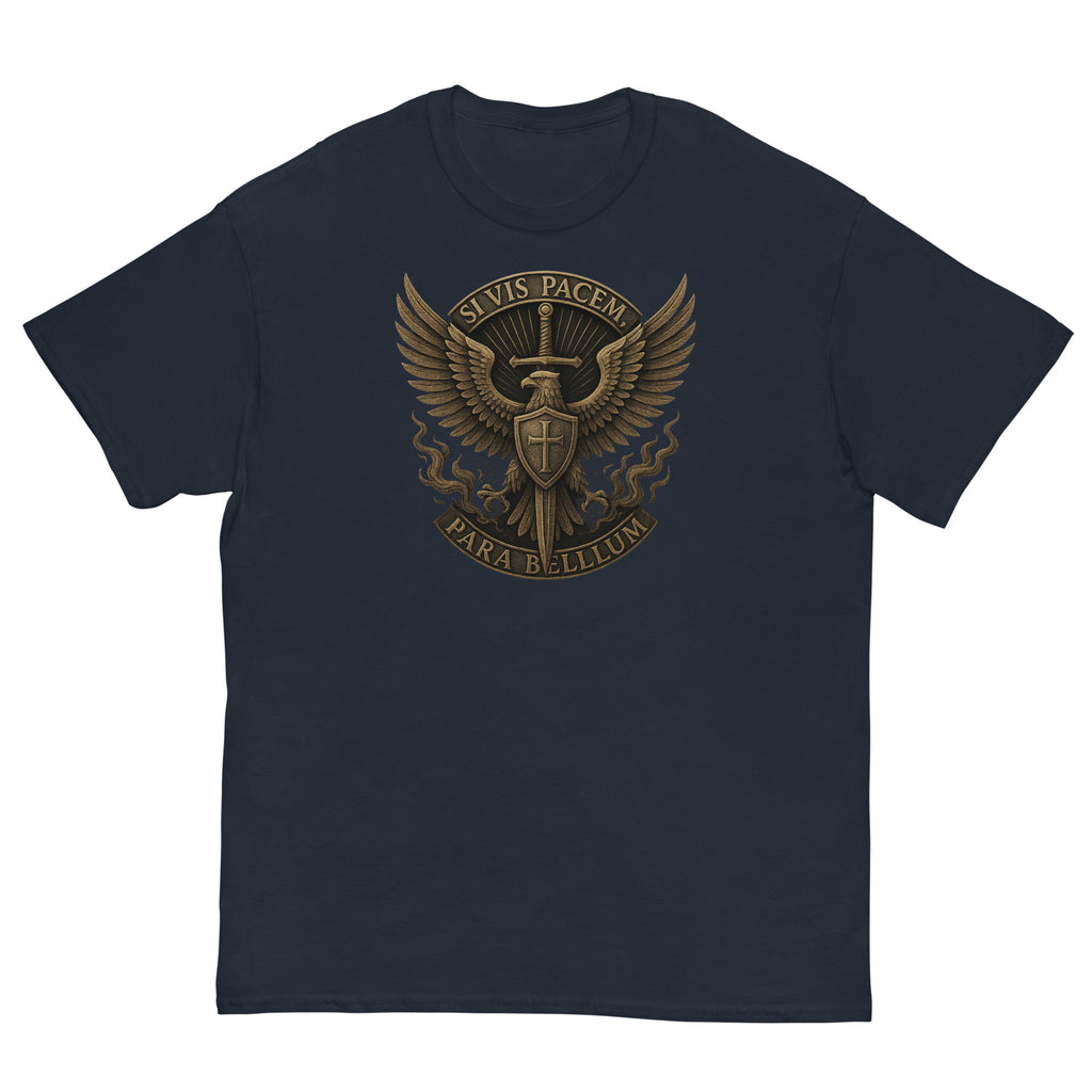 Navy blue t-shirt with a gold emblem on a white background