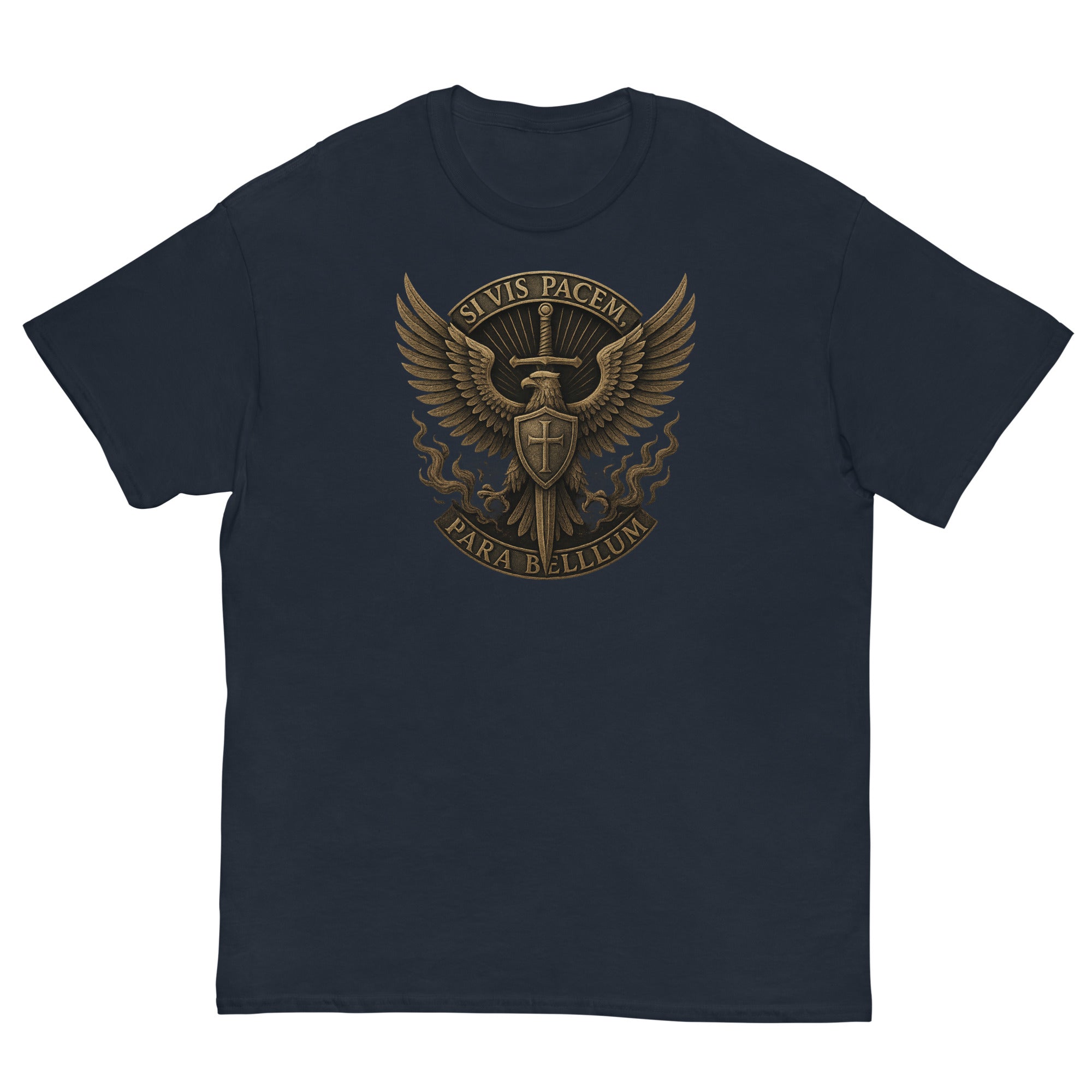 Navy blue t-shirt with a gold emblem on a white background