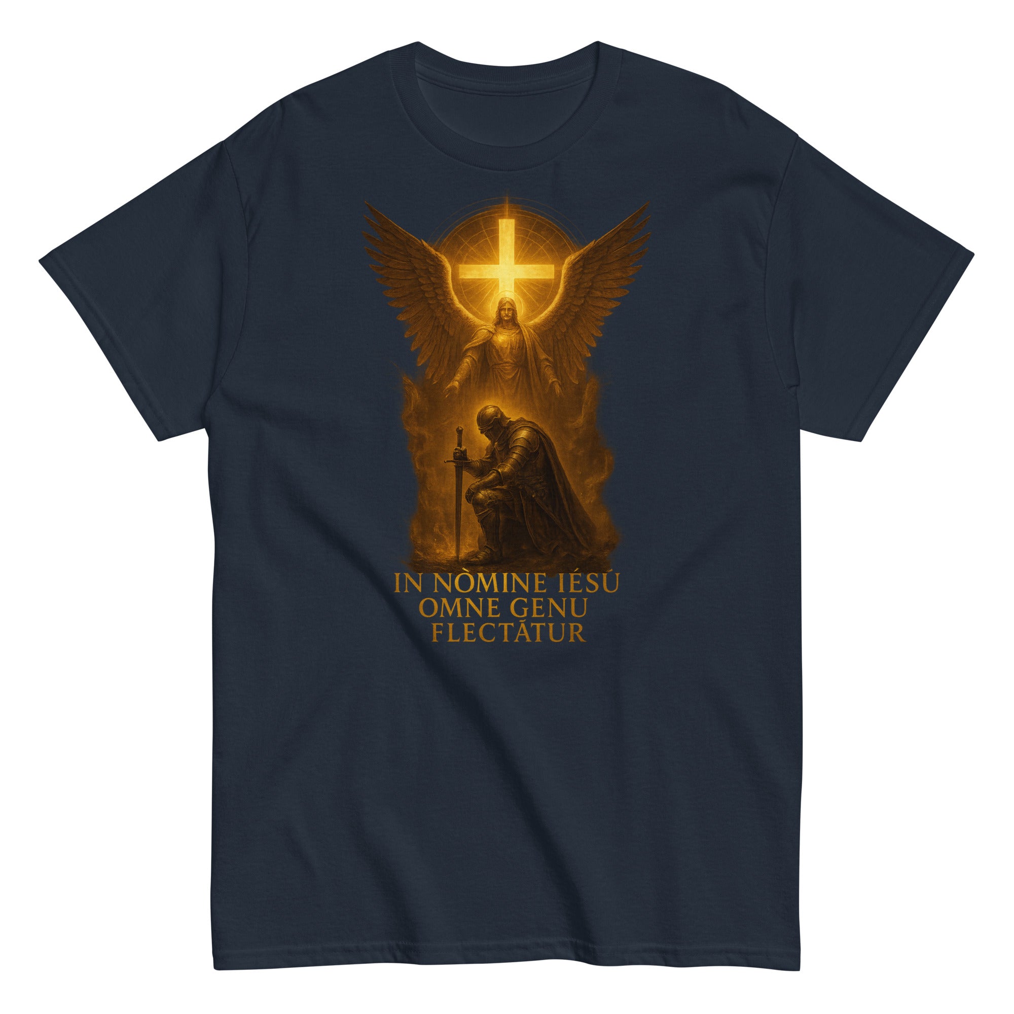 Navy blue t-shirt with a religious graphic and text on a white background