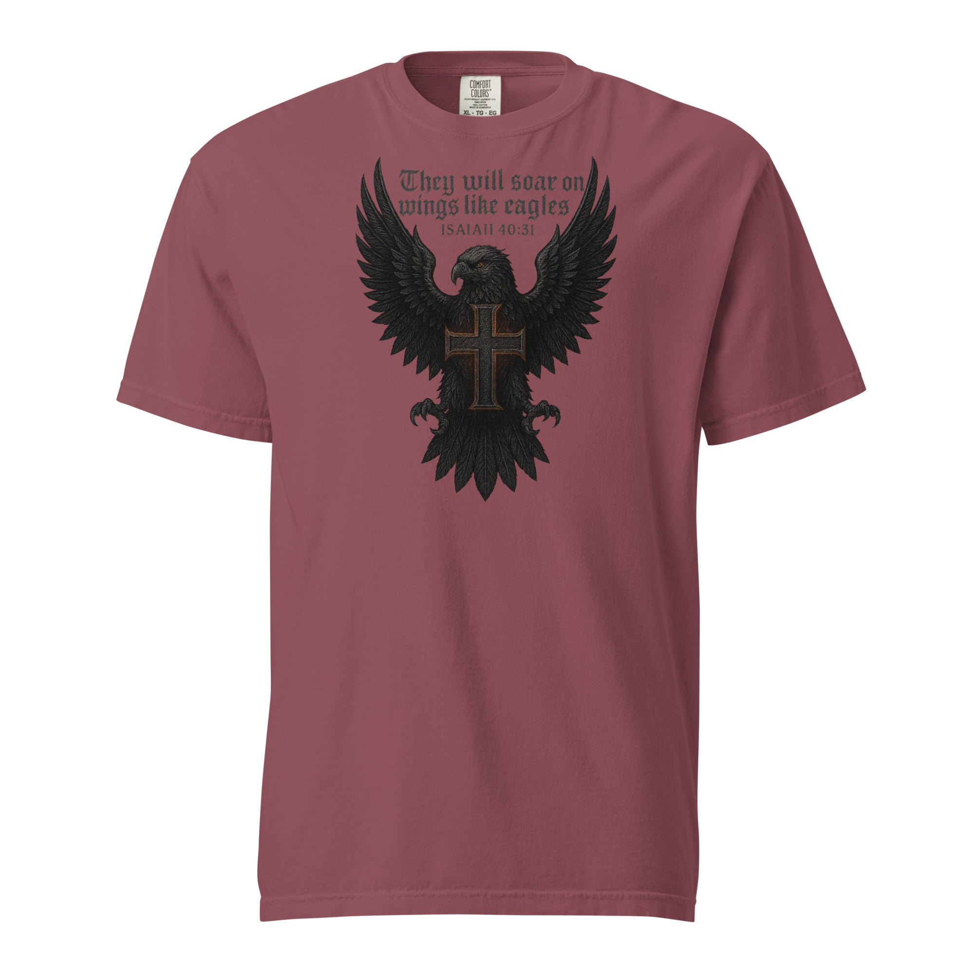 Garment-dyed heavyweight Christian T-shirt with eagle and cross design inspired by Isaiah 40:31, featuring the text “They will soar on wings like eagles.”