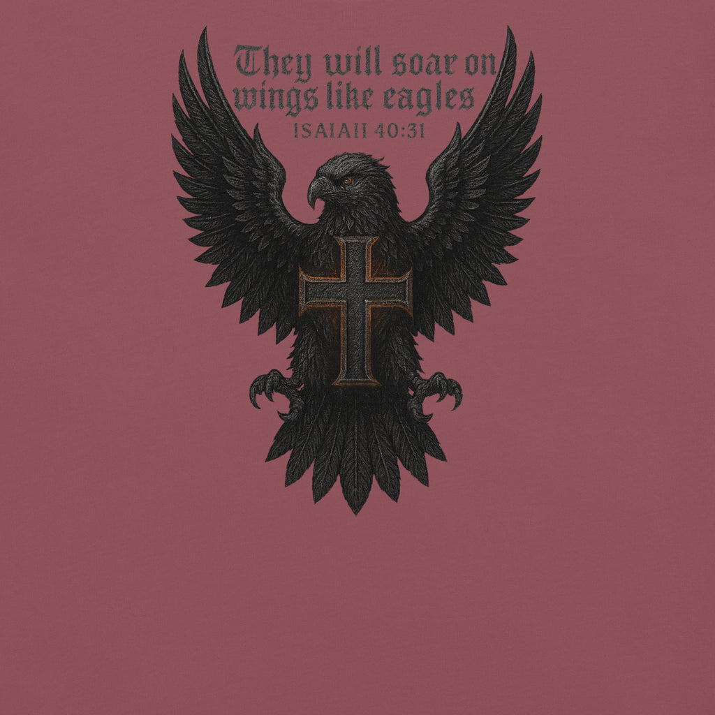 Garment-dyed heavyweight Christian T-shirt with eagle and cross design inspired by Isaiah 40:31, featuring the text “They will soar on wings like eagles.”