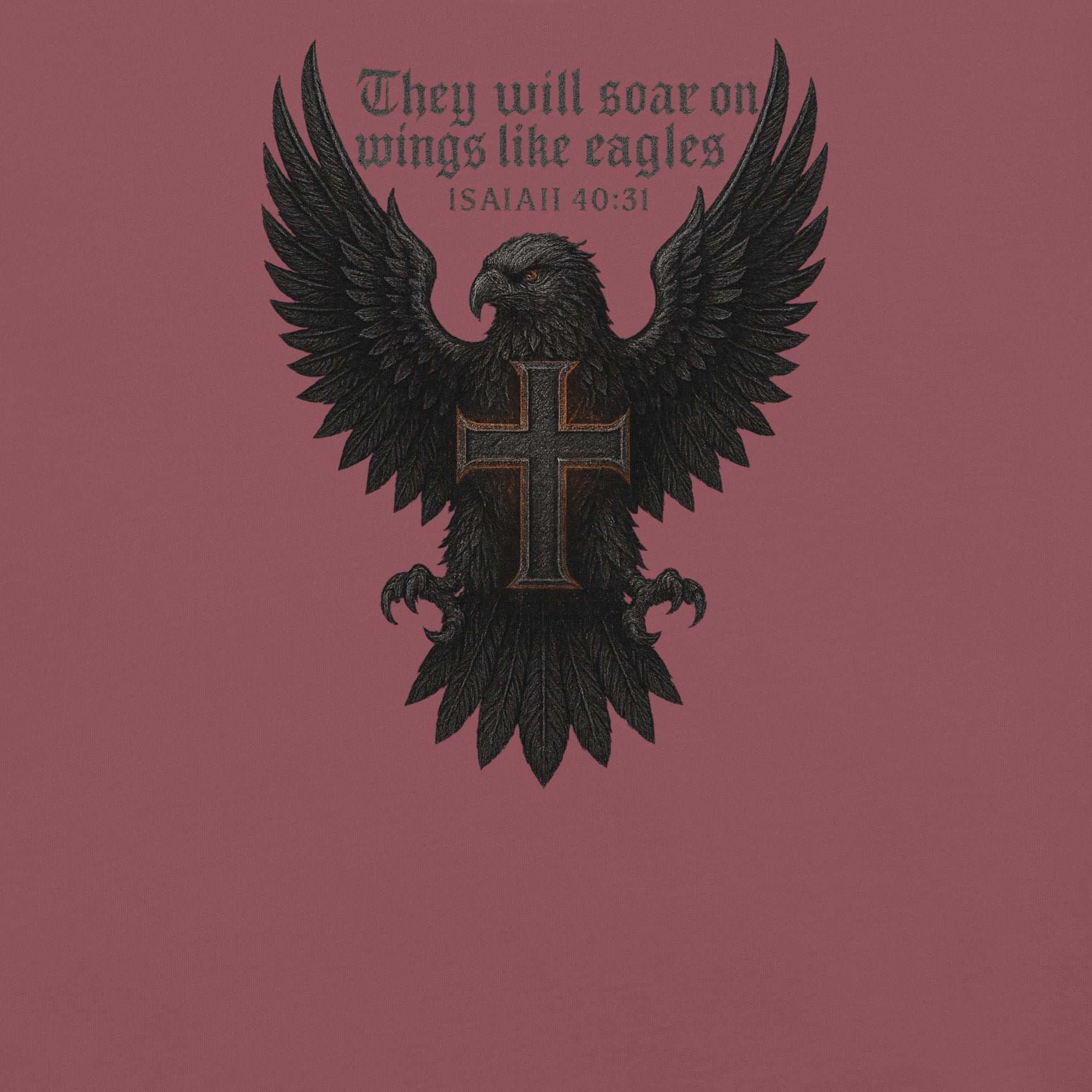 Garment-dyed heavyweight Christian T-shirt with eagle and cross design inspired by Isaiah 40:31, featuring the text “They will soar on wings like eagles.”