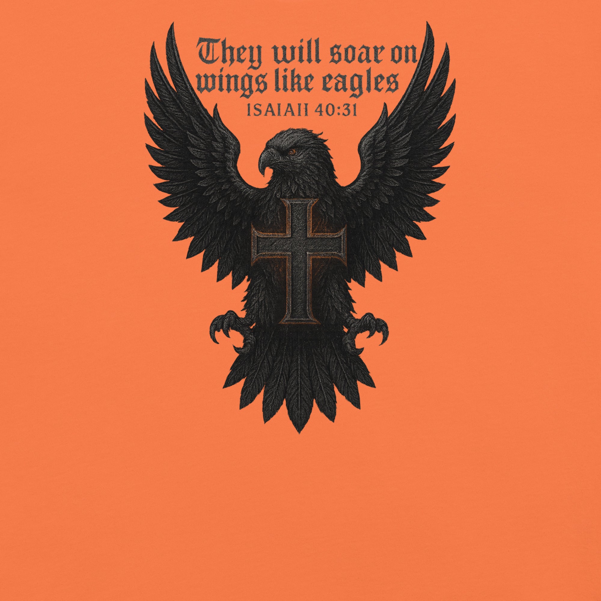 Garment-dyed heavyweight Christian T-shirt with eagle and cross design inspired by Isaiah 40:31, featuring the text “They will soar on wings like eagles.”