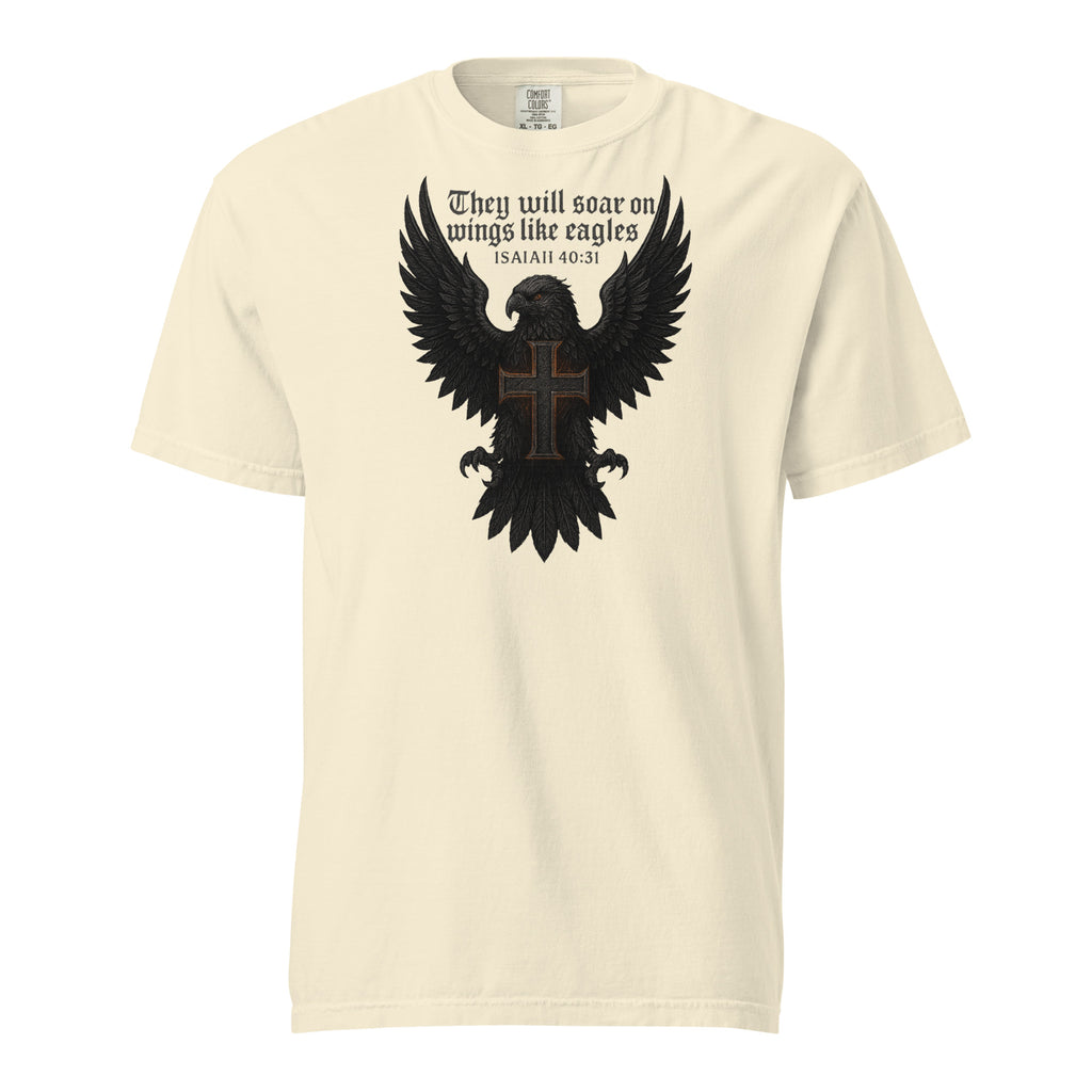 Garment-dyed heavyweight Christian T-shirt with eagle and cross design inspired by Isaiah 40:31, featuring the text “They will soar on wings like eagles.”