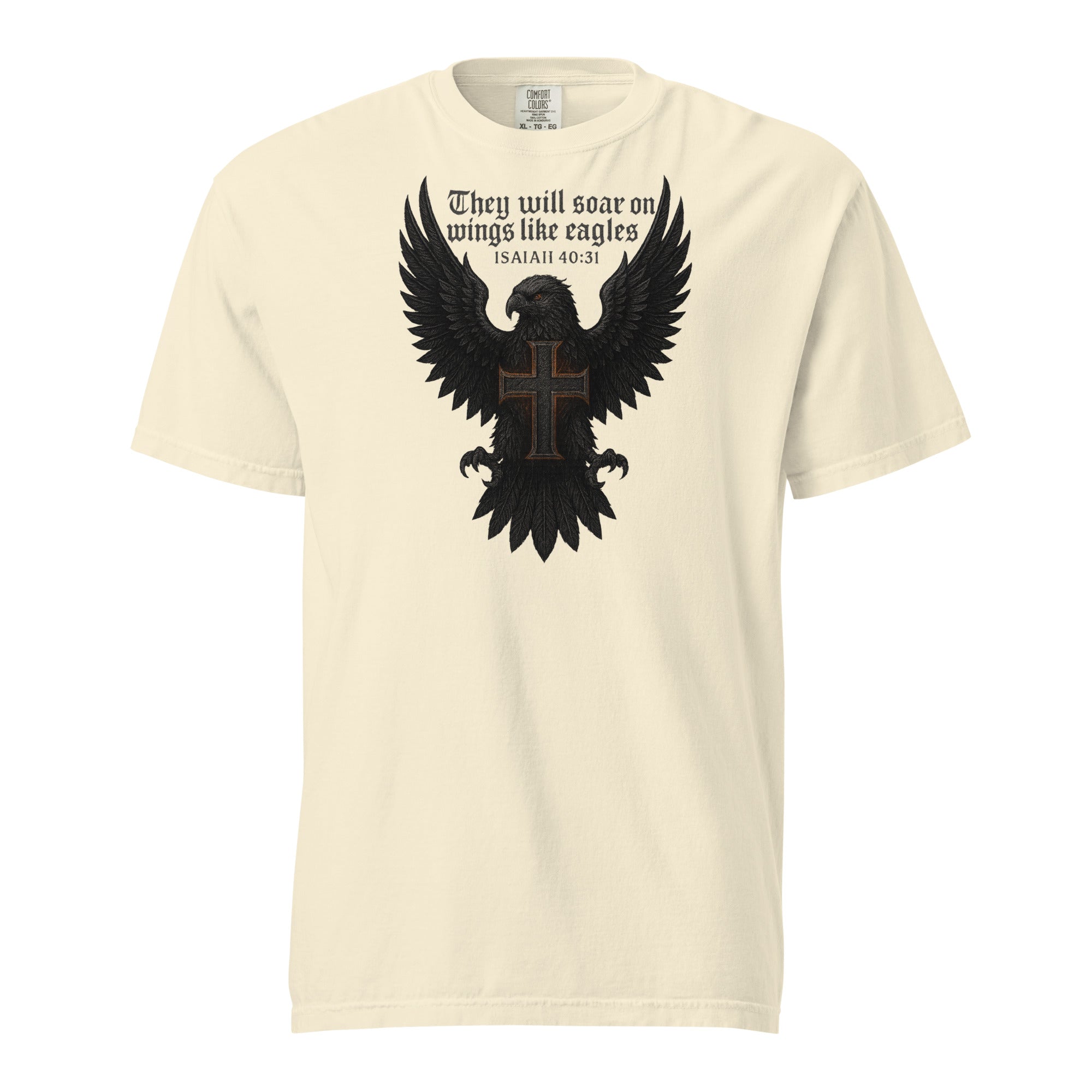 Garment-dyed heavyweight Christian T-shirt with eagle and cross design inspired by Isaiah 40:31, featuring the text “They will soar on wings like eagles.”