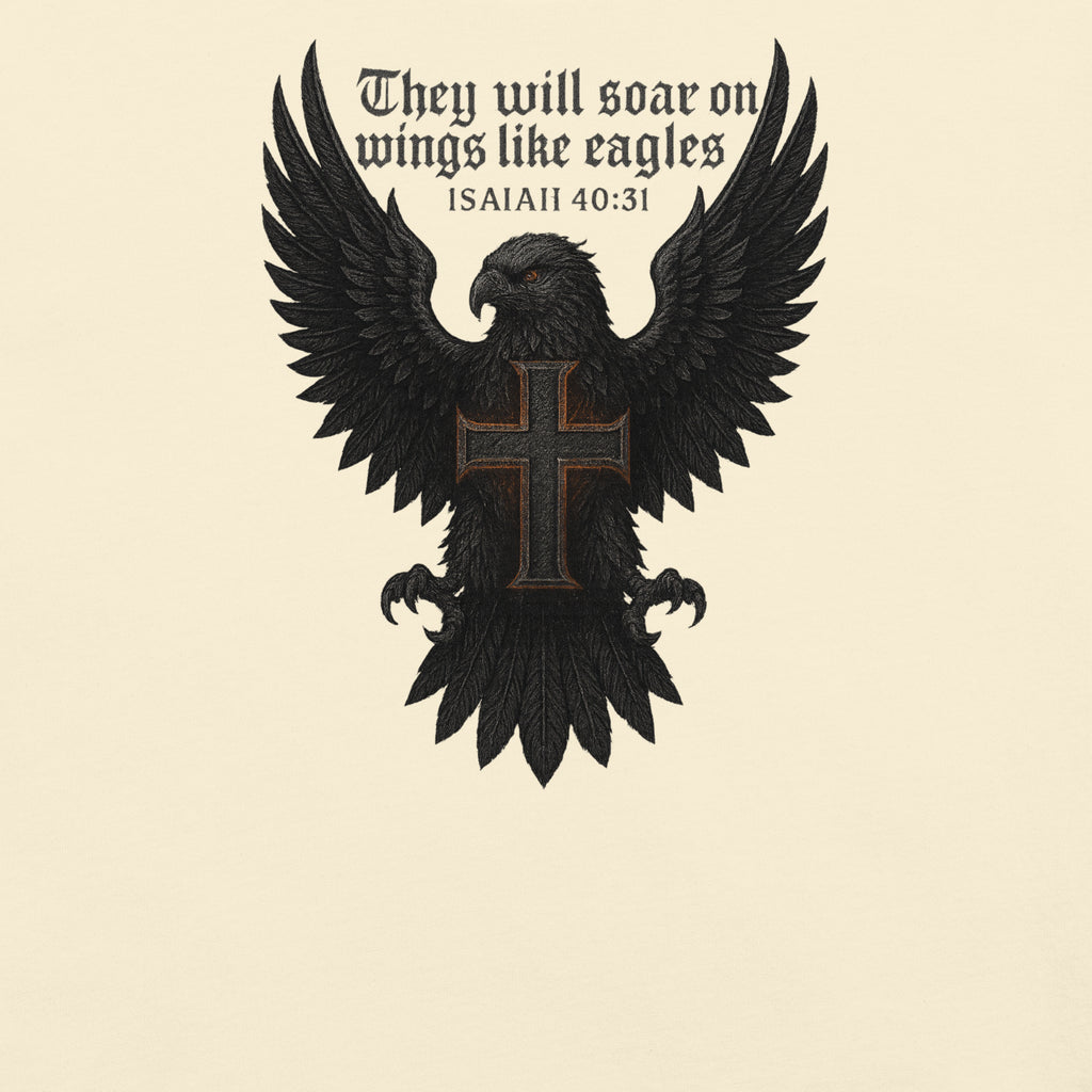 Garment-dyed heavyweight Christian T-shirt with eagle and cross design inspired by Isaiah 40:31, featuring the text “They will soar on wings like eagles.”