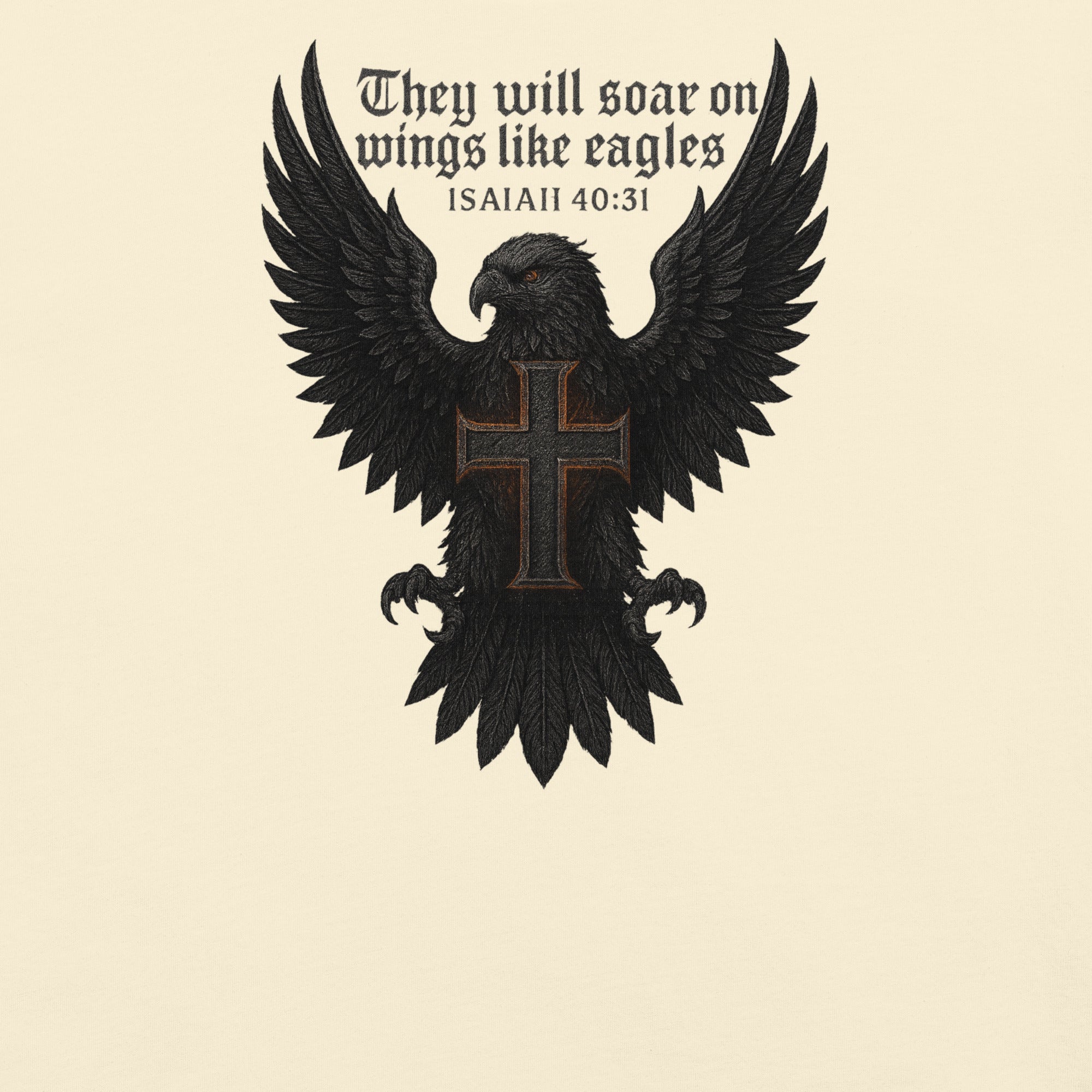 Garment-dyed heavyweight Christian T-shirt with eagle and cross design inspired by Isaiah 40:31, featuring the text “They will soar on wings like eagles.”
