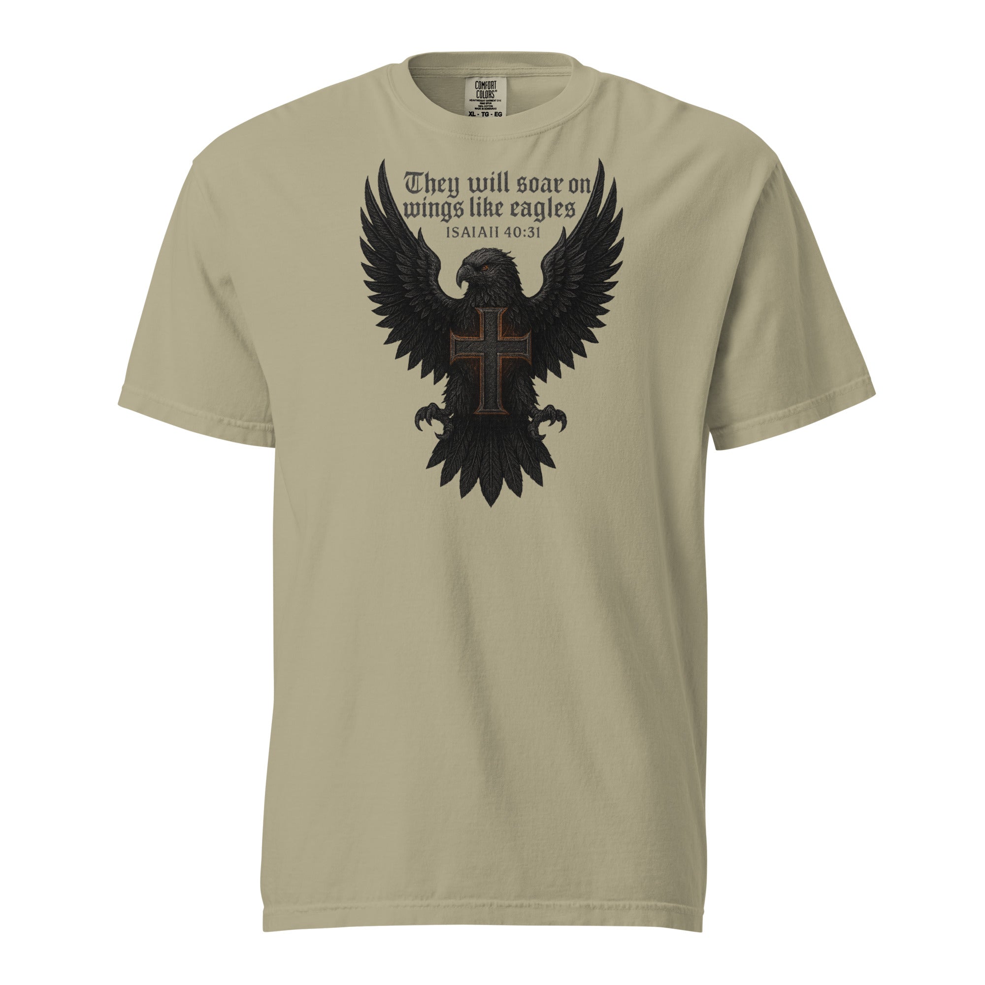 Garment-dyed heavyweight Christian T-shirt with eagle and cross design inspired by Isaiah 40:31, featuring the text “They will soar on wings like eagles.”