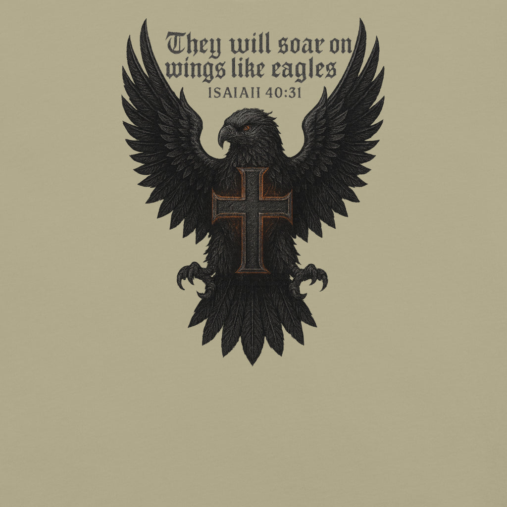 Garment-dyed heavyweight Christian T-shirt with eagle and cross design inspired by Isaiah 40:31, featuring the text “They will soar on wings like eagles.”