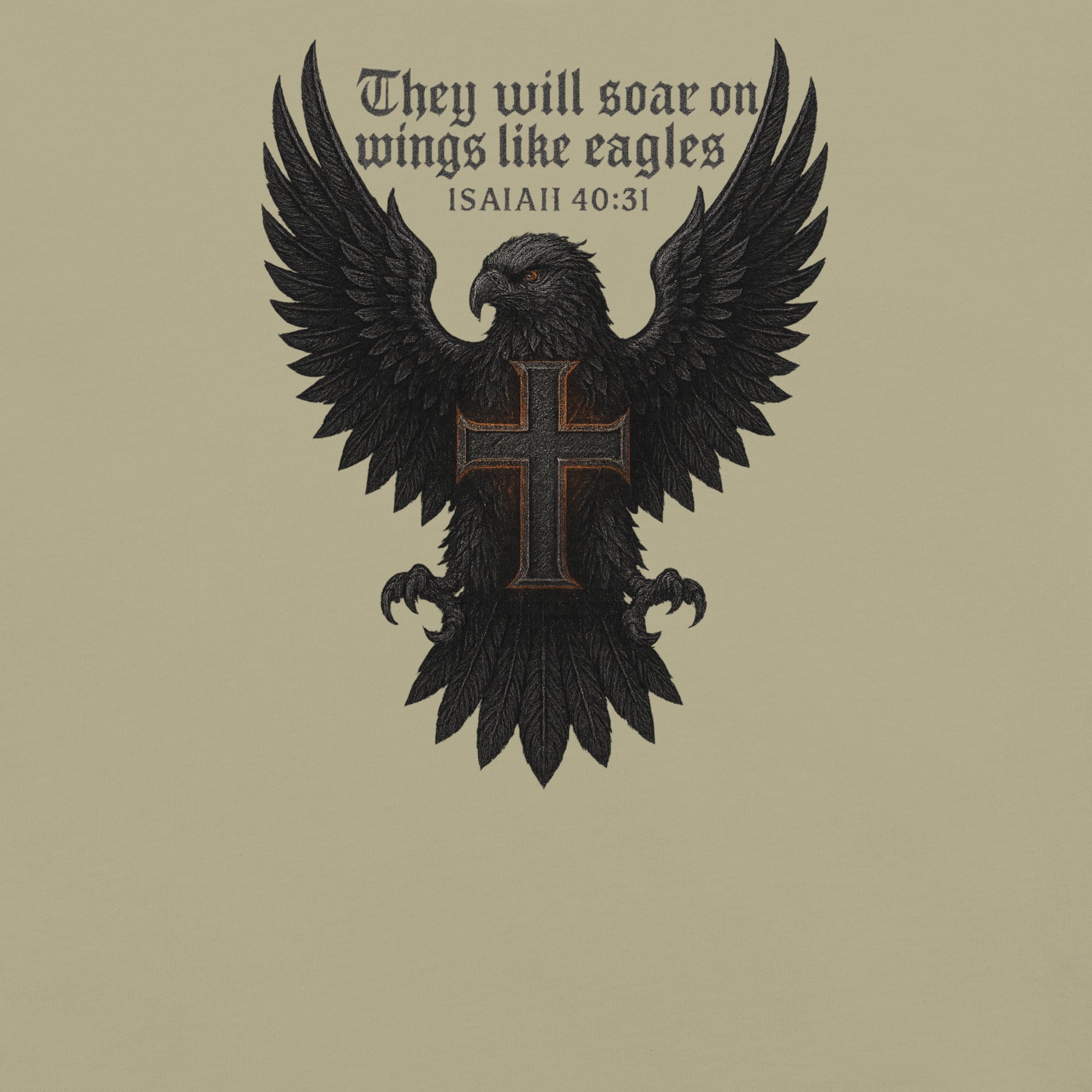 Garment-dyed heavyweight Christian T-shirt with eagle and cross design inspired by Isaiah 40:31, featuring the text “They will soar on wings like eagles.”