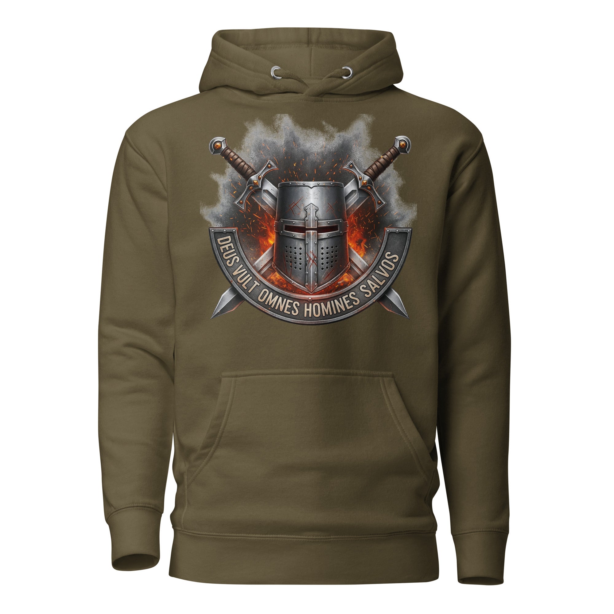  men’s premium hoodie with Crusader helmet, crossed swords, and Latin motto “Deus Vult Omnes Homines Salvos” in fiery battle design