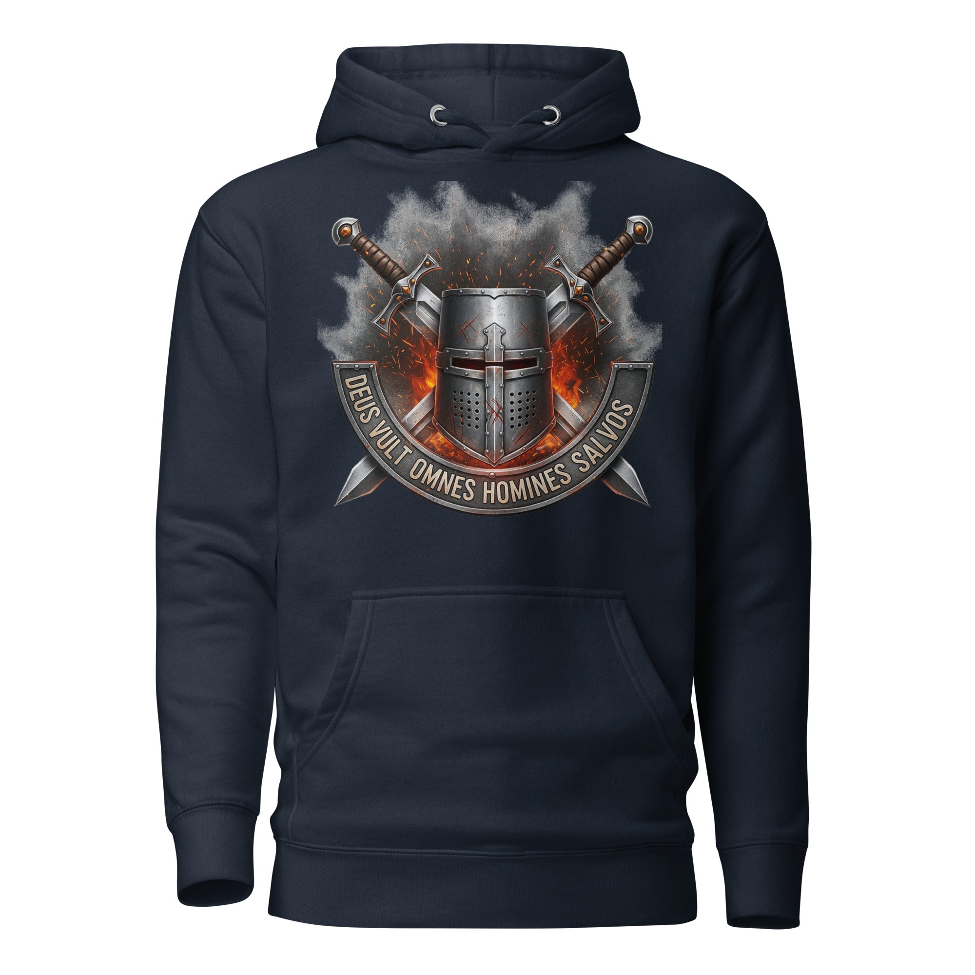  men’s premium hoodie with Crusader helmet, crossed swords, and Latin motto “Deus Vult Omnes Homines Salvos” in fiery battle design