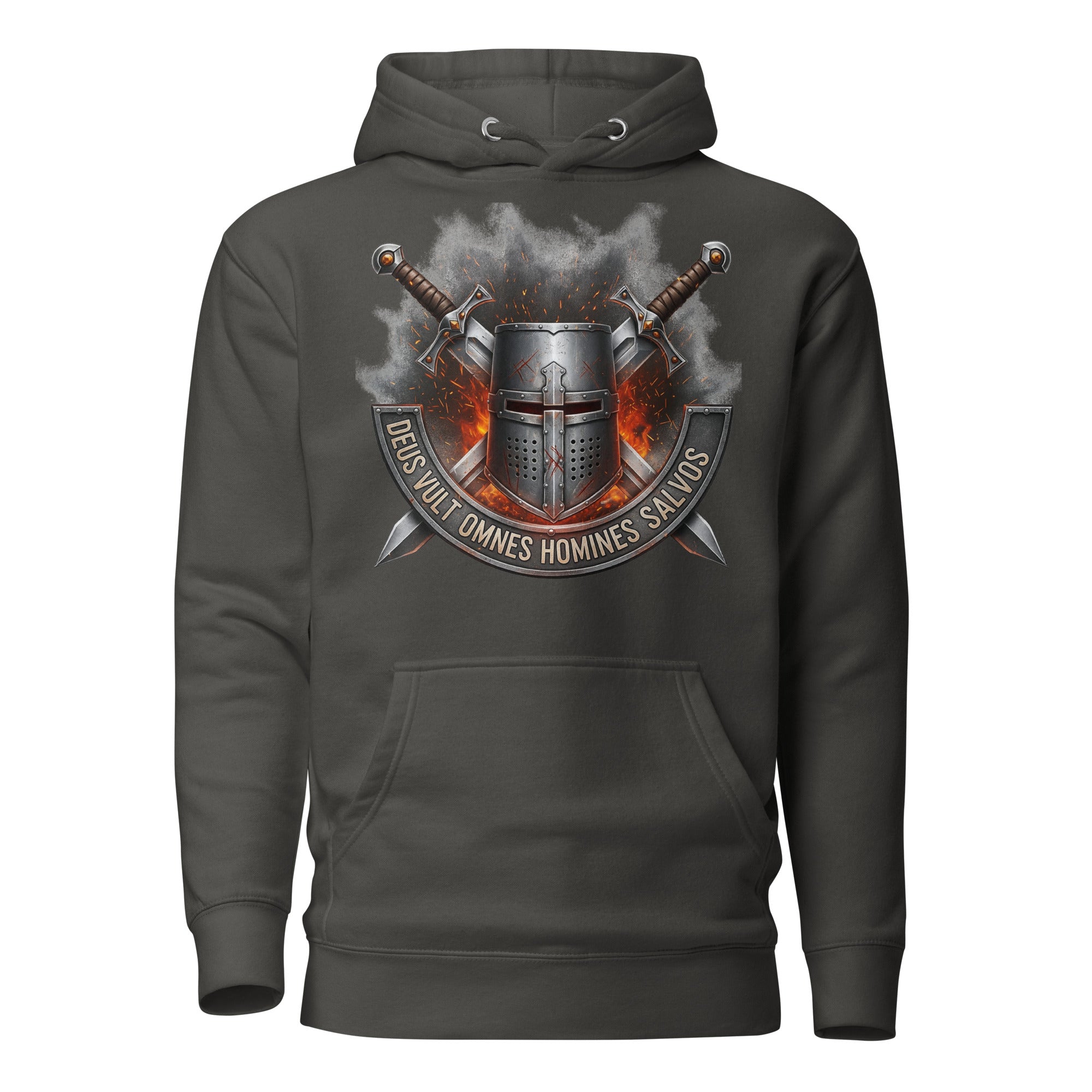  men’s premium hoodie with Crusader helmet, crossed swords, and Latin motto “Deus Vult Omnes Homines Salvos” in fiery battle design