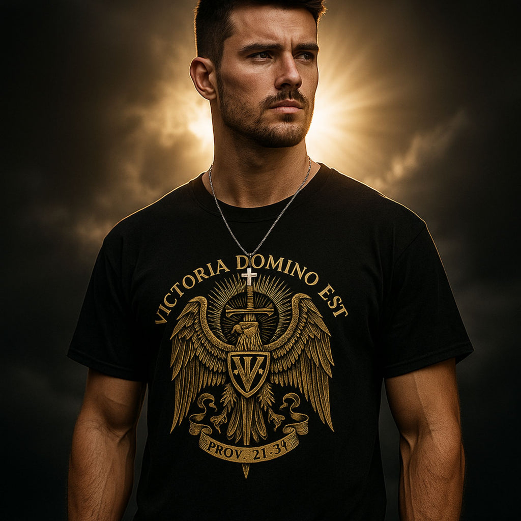 Man wearing a black t-shirt with a gold emblem and text against a dark background